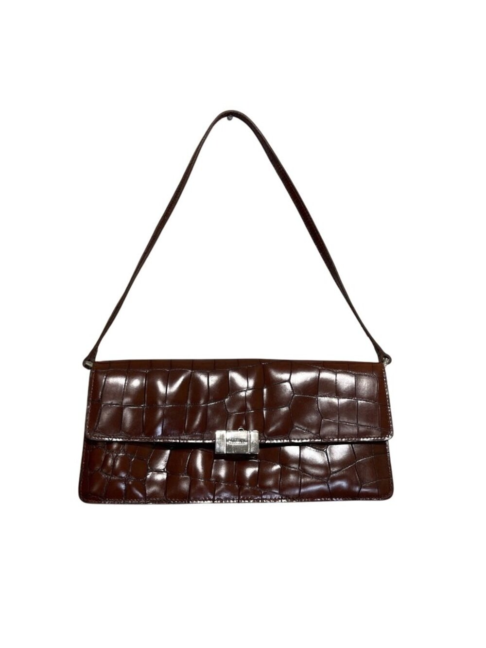 Vtg Cole Haan Baguette Shoulder Bag Y2K Brown Croc-Embossed Leather Silver-Clasp